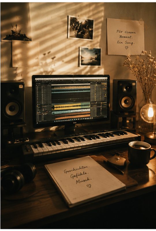Studio mit Bildschirm, Keyboard und Notizbuch im Abendlicht